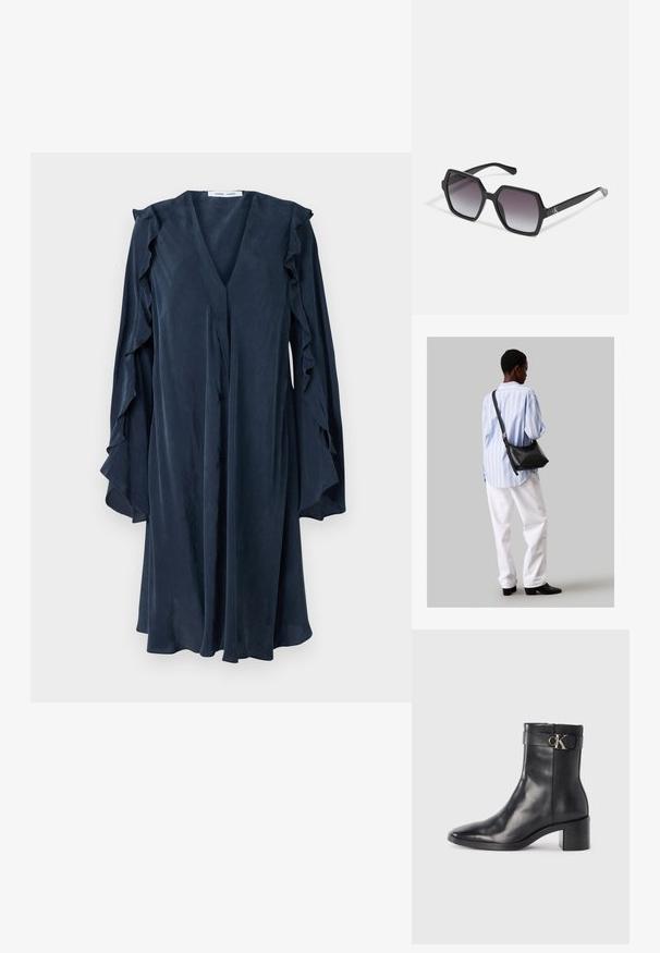 Námorně modré šaty s výstřihem do V a volánkovými rukávy. Vyrobené z lehkého materiálu, s čtyřmi knoflíky a splývavým siluetou.; Černé kožené kotníkové boty se špičatou špičkou, blokovým podpatkem a páskem s kovovým logem. Hladká textura a minimalistický design.; Černé hexagonální sluneční brýle se stupňovitou čočkou, s lesklým povrchem a jemným logem na spánku. Odolná plastová konstrukce.; Černá kožená kabelka přes rameno s jemnou texturou, trojúhelníkovým tvarem a nastavitelným popruhem, v kombinaci se světle modrou pruhovanou košilí a bílými kalhotami.