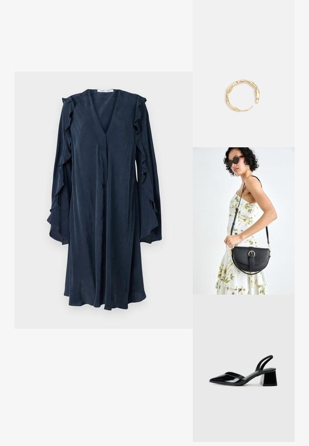 Tumesinine kleit V-kaeluse ja volangiga varrukatega. Valmistatud kergetest kangast, millel on neli nuppu ja voolav siluett.; Mustad musta lakknahk kingad, millel on terav varvas ja geomeetriline plokkkonts. Omab elegantselt minimalistlikku disaini ja sujuvat tekstuuri.; Mustmust mustraha kõverate joontega, eemaldatava rihmaga ja kuldsete detailidega. Kotil on klapp, millel on pandladetail.; Kuldtoonis sõrmus, millel on orgaaniline, keerdunud disain sileda tekstuuri ja kitsenevate otstega, luues kaasaegse skulptuurilise välimuse.