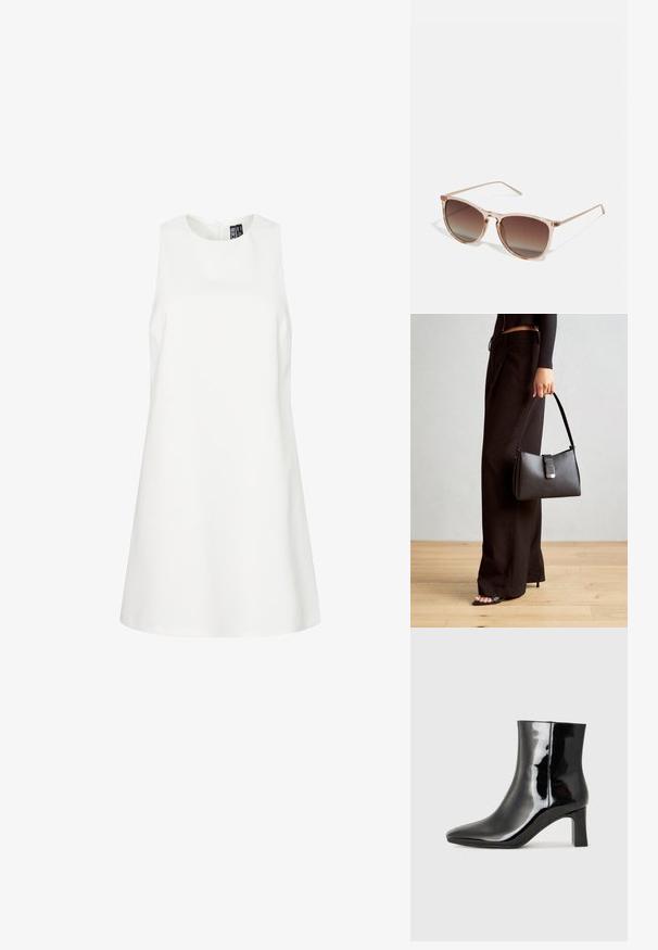 Bela brezrokavnica z okroglih izrezom, A-linijsko silhueto, gladko teksturo in skritim zadrgo na hrbtu. Preprost in minimalističen dizajn.; Črne lakirane gležnjarje z ošiljenim nosom in srednje visokim blokastim peto. Gladka tekstura in minimalističen dizajn.; Rjavi gradient sončna očala s prozornim roza okvirjem, kvadratne oblike in tankimi kovinskimi ročaji. Imajo zaobljene robove in minimalne detajle.; Črna torbica z strukturirano obliko, gladko teksturo in kovinskim zaponko. Ujemajo se z širokimi črnimi hlačami in odprtimi sandali na lesenem tleh.