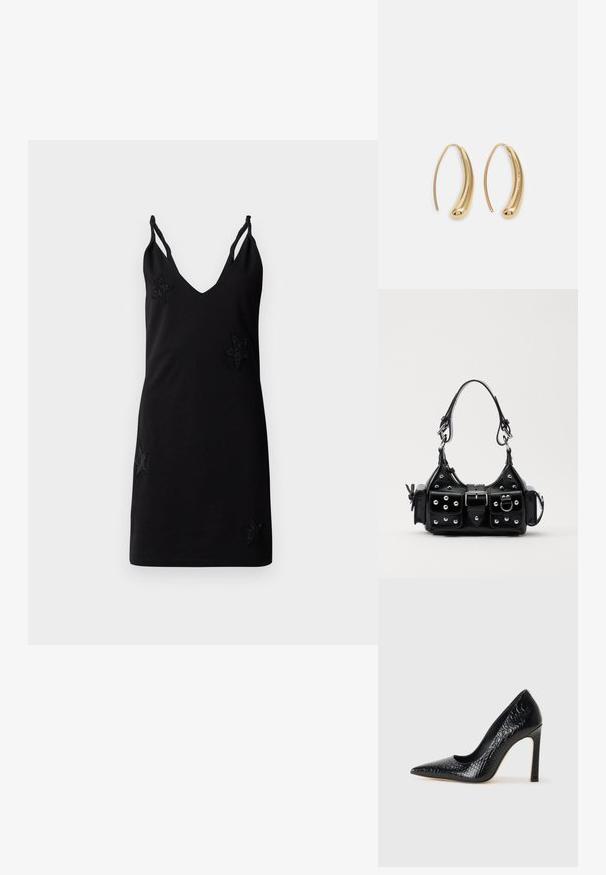 Černé bezramínkové šaty s výstřihem do V, vyrobené z měkké látky, s dekorativními vyšívanými hvězdicovými aplikacemi na přední straně.; Černý lodičkový bot s špičatou špičkou, pokrytý texturou krokodýlí kůže, s elegantním designem, vysokým stiletto podpatkem a hladkým černým interiérem.; Černá kožená kabelka s křivkovým designem, zdobená stříbrnými hřebíky, s přezkou a dvěma bočními kapsami. Nastavitelný popruh pro různé možnosti nošení.; Náušnice ve tvaru kruhu z pozlaceného kovu s vroubkovaným, prodlouženým tvarem. Mají hladký, lesklý povrch a zaoblený konec pro zvýraznění detailu.