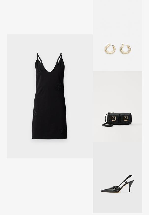 Vestido preto sem mangas com decote em V, feito de um tecido suave, apresentando aplicações decorativas de estrelas de contas na parte da frente.; Sapato slingback de couro preto com salto alto, bico fino, design de tiras cruzadas e salto stiletto slim. Textura suave e acentos mínimos.; Bolsa de ombro em couro preto com dois bolsos frontais, fivelas douradas, fecho de zíper e uma alça fina. Superfície texturizada e forma retangular compacta.; Lauren Ralph Lauren BASIC SMALL HOOP - Brincos - gold-coloured