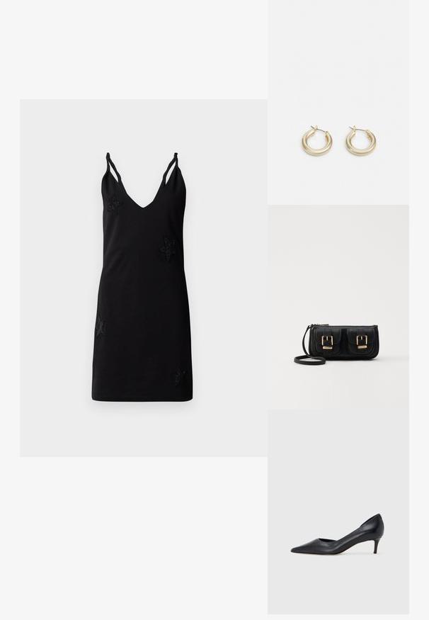 Svart ärmlös klänning med V-hals, tillverkad av mjukt tyg, med dekorativa applikationer av beaded-stjärnor framtill.; Svart läderpumps med spetsig tå och låg klack. Har en slät textur och subtil glans. Öppet utskuret fram för extra detalj.; Svart läderaxelväska med två framfickor, guldspännen, dragkedjestängning och en smal rem. Texturerad yta och kompakt rektangulär form.; Lauren Ralph Lauren BASIC SMALL HOOP - Örhänge - gold-coloured
