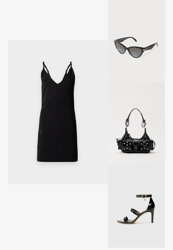 Fekete ujjatlan ruha V nyakkivágással, puha szövetből készült, díszítő gyöngyös csillag applikációkkal az elején.; Fekete lakk bőr szandál három pánttal, bokapánttal és 10 cm magasságú tűsarokkal. Arany színű részletekkel és logó charm-mal rendelkezik.; Fekete macska szemű Michael Kors napszemüveg, fokozatos sötét lencsékkel és arany logóval az oldalsó részen, fehér háttér előtt.; Fekete bőr kézitáska ívelt designnal, ezüst szegecsekkel, csattal és két oldalsó zsebbel. Állítható vállpánt a hordozási lehetőségekhez.