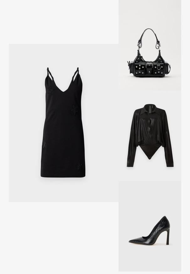 Fekete ujjatlan ruha V nyakkivágással, puha szövetből készült, díszítő gyöngyös csillag applikációkkal az elején.; Fekete egyrészes ruházat hosszú ujjakkal, V-kivágással és testhez simuló fazonnal. Fényes, sima anyagból készült, strukturált gallérral és mandzsettákkal.; Fekete hegyes orrú magassarkú cipő krokodilbőr textúrával, letisztult dizájnnal, magas tűsarkú és sima fekete belső résszel.; Fekete bőr kézitáska ívelt designnal, ezüst szegecsekkel, csattal és két oldalsó zsebbel. Állítható vállpánt a hordozási lehetőségekhez.