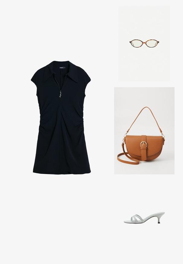 Crna haljina s klasičnom kragnom, kratkim rukavima i prednjim patentnim zatvaračem. Sadrži nabore na stranama za uski siluetu.; Svijetlosive sandale s potpeticama i tri ukrštavajuće trake, vitkog profila i sužene pete. Glatka tekstura s blago sjajnim finishem.; Naočale u boji kornjače s ovalnim staklima i elegantnim, glatkim završetkom. Imaju tanke strane s suptilnom krivuljom na sljepoočnicama. Prozirna stakla.; Smeđa kožna torba preko tijela s zakrivljenim oblikom, zlatnim metalnim detaljima i naglaskom na kopču. Ima odvojivu naramenicu.