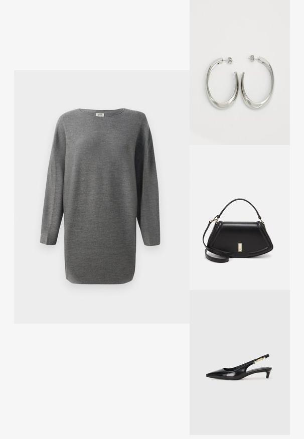 Luźny, długi sweter z szarej dzianiny z okrągłym dekoltem i prostym dołem, wyeksponowany na białym tle.; Czarne skórzane szpilki typu slingback z ostrym noskiem, posiadające smukły obcas i złoty akcent na regulowanym pasku. Gładka tekstura.; Czarna skórzana torebka o strukturalnym designie, z przyciętą formą, górnym uchwytem i złotymi akcentami. W zestawie regulowany pasek na ramię.; Srebrne kolczyki-hoop o gładkim, zakrzywionym designie. Posiadają błyszczące metaliczne wykończenie i zapięcie na sztyft. Brak widocznych wzorów lub akcentów.