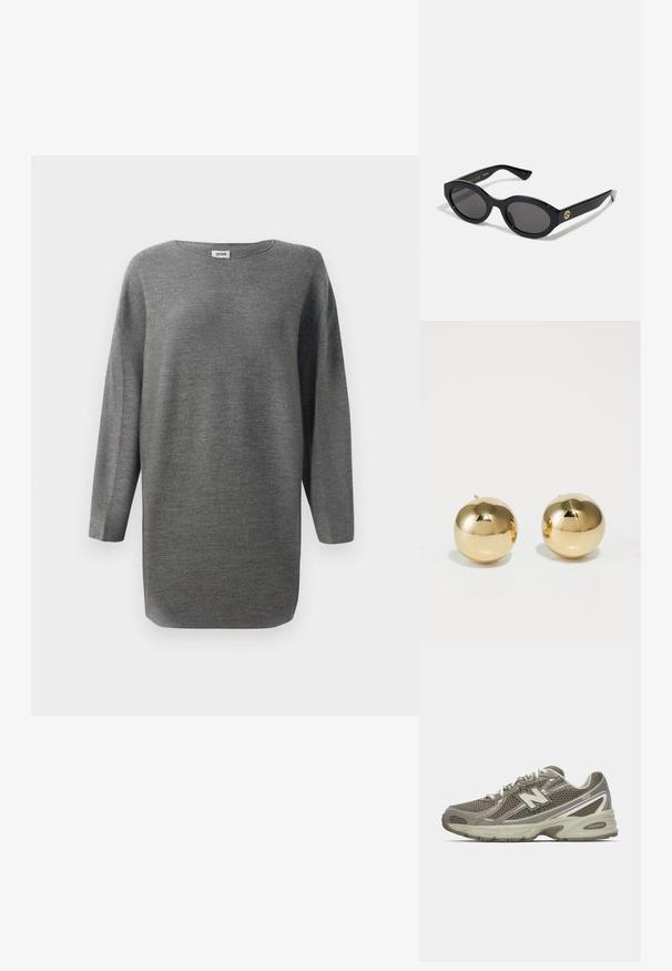 Svetra s dolgimi rokavi, ohlapne silhuete, sive barve, z okroglim izrezom in ravnim robom, prikazanega na beli podlagi.; Atletski čevlji v sivo-bež mrežastem materialu z teksturirano površino, z oblazinjenim podplatom, belimi vezalkami in reflektivnimi srebrnimi detajli.; Črne ovalne sončna očala s temnimi lečami in sijočim plastičnim okvirjem. Imajo zlat logo na robu, kar ponuja eleganten in sodoben oblikovalski pristop.; Zlati okrogli uhani s poliranim zaključkom in majhnim držalom. Imajo gladko teksturo in odsevno površino.