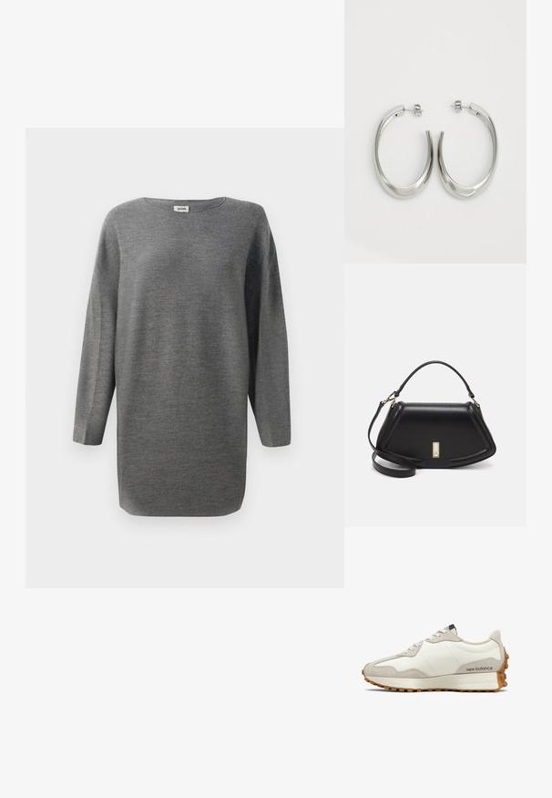 Harmaa, löysälong-sleeve neulepaita, jossa on pyöreä kaula-aukko ja suora helma, esiteltynä valkoista taustaa vasten.; Valkoiset ja beige tennarit, joissa on sileä nahkapäällinen, mokkanahkakoristeet, pyöreä kärki ja teksturoitu kumipohja. Brändin nimi painettuna sivulle.; Mustalla nahkalaukulla, jossa on jämäkkä muotoilu, lyhyt malli, yläkahva ja kultaiset yksityiskohdat. Säädettävä olkahihna sisältyy.; Hope hopeista, joissa on sileä, kaareva muotoilu. Varustettu kiiltävällä metallipinnoitteella ja nappikiinnityksellä. Ei näkyviä kuvioita tai koristeluja.