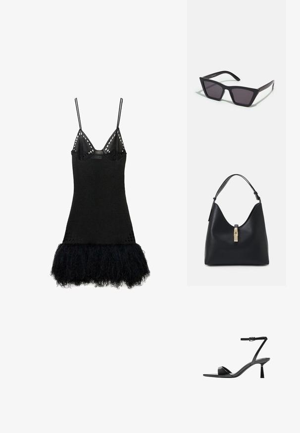 Černé šaty s přiléhavým pleteným vrškem s tenkými ramínky, krajkovým lemem a stupňovitým černým kožešinovým lemem pro zvýraznění textury a detailu.; Bershka Sandály na vysokém podpatku - black; Černé, ostré sluneční brýle s šedými skly; vyrobené z plastu, s mohutnými rameny a hladkým povrchem bez viditelného hardwaru.; Černá kožená kabelka s zaobleným, konturovaným tvarem, vybavená zámkem ve zlatém odstínu a jedním nastavitelným popruhem. Hladký povrch.