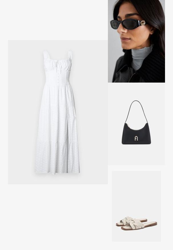 Hollister Co. Hollister Sofia Side-Smocked Eyelet Maxi Dress - Velika haljina - bright white eyelet; Svijetlosmeđi klizni sandali s tkanim trakama, koji imaju ravni potplat i minimalistički dizajn. Glatka tekstura s suptilnim kolorističkim kontrastima.; Crne sunčane naočale sa elegantnim pravokutnim okvirom i zlatnim logotipom na strani. Tamna stakla i sjajni finiš su istaknuti.; Crna torba za rame izrađena od glatkog materijala, sa zakrivljenim oblikom, zlatnim patentnim zatvaračem i zlatnim reljefnim logotipom na prednjoj strani.