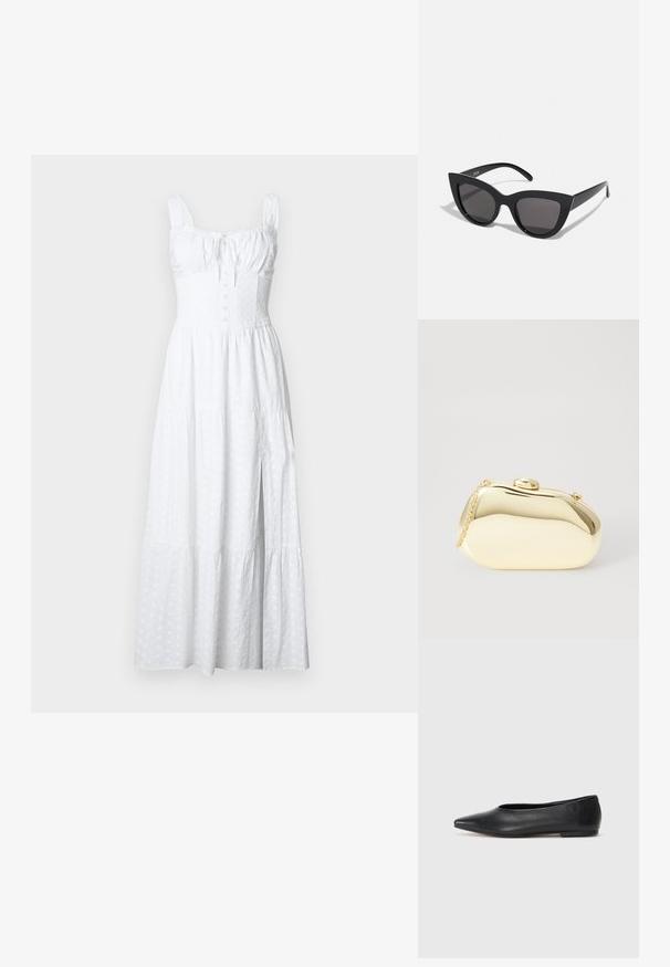Hollister Co. Hollister Sofia Side-Smocked Eyelet Maxi Dress - Vestido comprido - bright white eyelet; Bailarina de couro preto, bico fino, design minimalista, textura suave, salto baixo, sem hardware ou embelezamentos visíveis.; Óculos de sol cat-eye pretos com acabamento mate, apresentando lentes cinzentas, ângulos acentuados e hastes elegantes. Nome da marca visível na parte interna da haste.; Clutch metálico dourado com uma forma suave e arredondada, apresentando um fecho de botão superior e uma pequena alça em corrente para transporte.