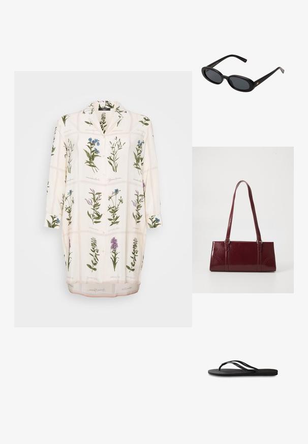 Bluză albă cu un imprimeu botanic cu flori verzi și albastre, cu nasturi în față, guler și mâneci lungi. Stoff neted cu o textură ușoară.; Încălțăminte tip flip-flop neagră cu o talpă din cauciuc texturat, două bretele subțiri și un detaliu discret, embosat cu logo pe bretea.; Ochelari de soare supradimensionați, cu lentile ovale, cadru din plastic neted și accente aurii pe brațe. Lentilele întunecate oferă protecție solară.; Geantă burgundy din material lucios, de formă rectangulară, cu două mânere pentru umăr și accente curbate subtile pe față.