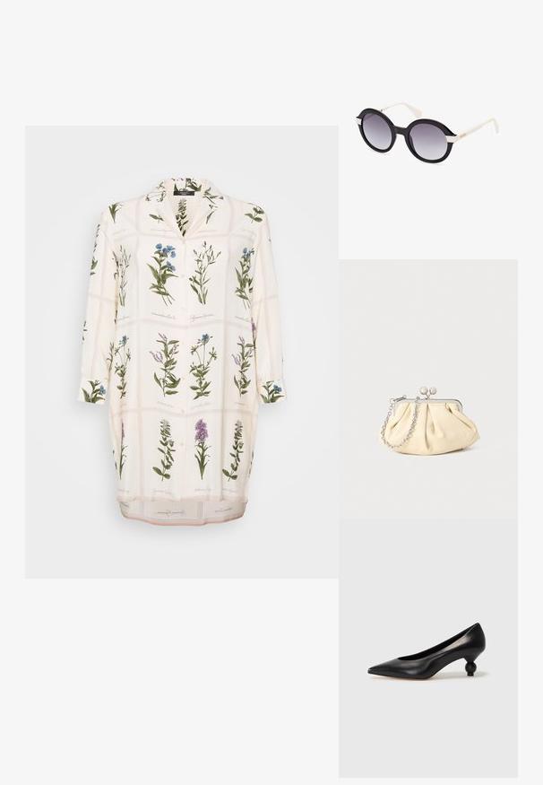Witte blouse met een botanische print van groene en blauwe bloemen, knopening met knopen, kraag en lange mouwen. Glad materiaal met een lichte textuur.; Zwarte leren hoge hak schoen met een spitse neus en een ronde, bolle hak. Gladde textuur met een elegant, minimalistisch ontwerp.; Zwarte plastic zonnebril met gradiënt grijze lenzen, oversized ronde vorm, witte pootjes en een subtiele golfdetail aan de bovenkant.; Geplooide beige leren clutch met een zilveren metalen frame, voorzien van twee ronde decoratieve sluitingen en een zilveren kettingriem.