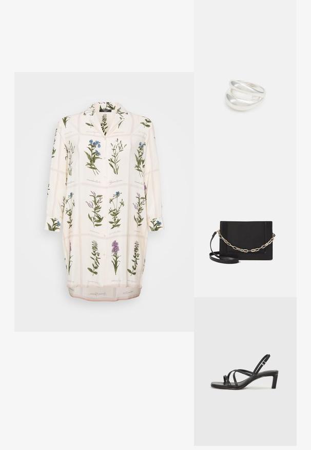 Valge pluus, millel on botaaniline print roheliste ja siniste lilledega, nööpidega ees, krae ja pikad varrukad. Sile kangas kergelt tekstuuriga.; Mustast rihmajalatsid ruudukujulise varba ja madala ploki kontsaga. Omab mitmeid õhukesi rihmasid ja reguleeritavat pahkluu rihma. Valmistatud siledast nahast.; Mustast nahast õlakott, mis omab siledat tekstuuri, ristküliku kuju ning esiküljel metallketi detaili. Reguleeritav rihm on kaasas.; Hõbedane kahekordne rõngas sujuva, poleeritud pinnaga. Omab voolavat, kõverat disaini, millel on kattuvad sektsioonid, et saavutada kaasaegne ilme.