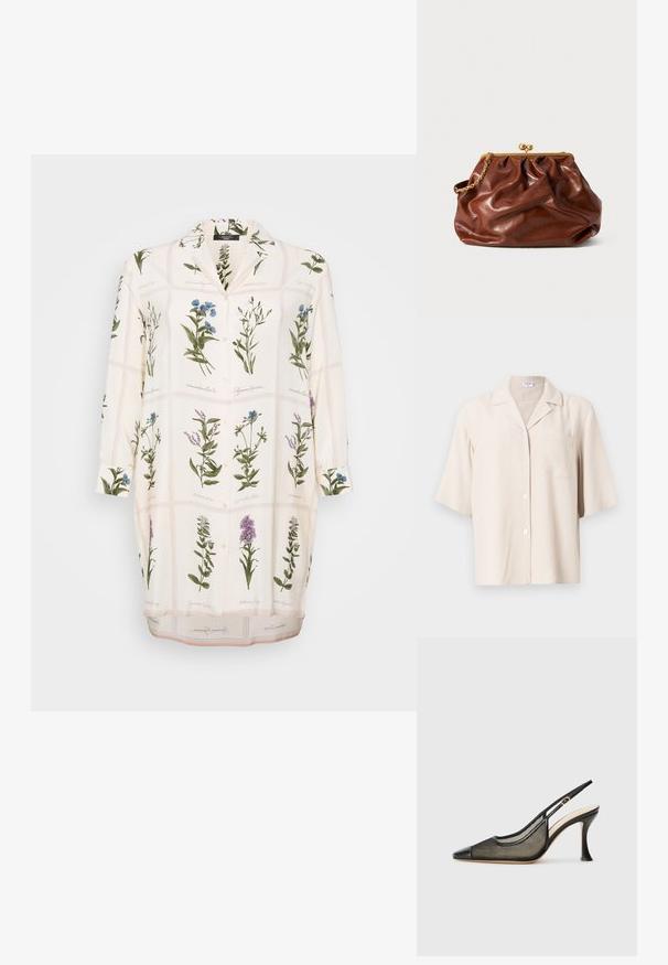 Valge pluus, millel on botaaniline print roheliste ja siniste lilledega, nööpidega ees, krae ja pikad varrukad. Sile kangas kergelt tekstuuriga.; Lühikeste varrukatega beež särk, mis on valmistatud tekstureeritud kangast, millel on nurgeline krae, eesmine tasku ja viie nööbiga sulgemine.; Mustmustel mustkand jala jalaga kõrged kontsad, millel on terav varvas, võrgutooted ja sile nahast oma. Värvid hõlmavad musta ja beeži акtsenti.; Pruun nahast kätš koos kullast sulgemise raami ja lühikese kullast ketiga, millel on pehme, kogutud tekstuur valgel taustal.