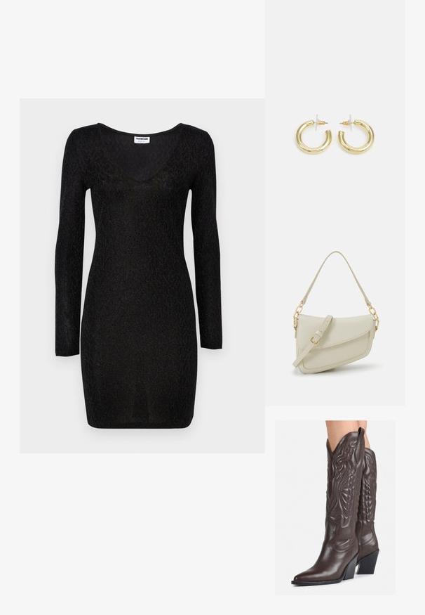 Črna dolga obleka z dolgimi rokavi in V-izrezom, ki ima teksturiran vzorec in oprijet kroj. Narejena je iz raztegljivega, lahkotnega materiala.; Rjave usnjene kavbojske čevlje z ostrim nosom in blok peto, ki vsebujejo podrobno šivanje in dvignjene dodatke na zgornjem delu.; Mala kremna torbica z teksturiranim zaključkom, dolgim nastavljivim trakom, verižnim poudarkom in zapiranjem na poklop. Detajli iz zlatega kovinskega materiala.; Zlate uhane v obliki obročkov z gladko, sijočo površino. Krožna zasnova s majhnim nosilcem in prozornim podplatom za varno nošenje.