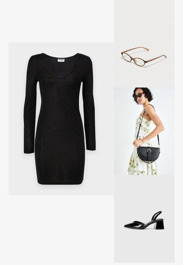 Vestido preto de manga longa com decote em V, apresentando um padrão texturizado e forma ajustada. Feito de um material leve e elástico.; Sandy em verniz preto com salto slingback, ponta afilada e salto geométrico. Apresenta um design elegante e minimalista com textura suave.; Óculos tortoiseshell castanhos com lentes ovais, hastes finas e acabamentos transparentes. Apresenta um logótipo subtil na têmpora. Design elegante e leve.; Bolsa de couro preta com forma curva, alça destacável e detalhes em dourado. A bolsa possui uma aba com detalhe de fivela.