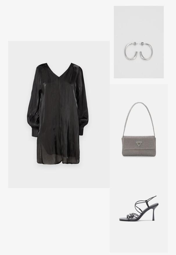 Bluză neagră, transparentă, cu decolteu în V, mâneci lungi și bufante, și o croială lejeră. Dispune de o textură fină și un design ușor, fluid.; Sandale negre cu toc înalt au curele subțiri cu un design legat, un vârf pătrat neted și un toc stiletto elegant.; Geantă metalică gri deschis, cu un strap din lanț, decorată cu mici ținte circulare metalice și un logo de marcă triangular.; Cercei creole din argint cu suprafață netedă și lucioasă, având o formă curbată și închidere cu tija. Design minimalist cu un finisaj modern.