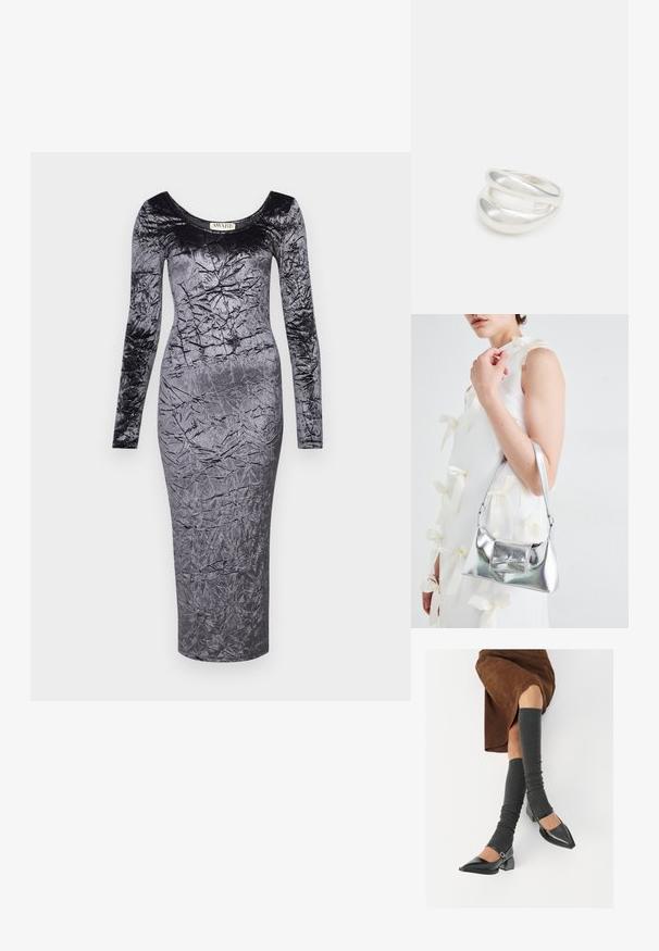 Duga haljina od baršuna dugih rukava u tamnosivoj boji s prilagođenim siluetom i naboranom teksturom, s dekolteom u obliku scoop i rubom do koljena.; Crne lakirane cipele s šiljastim prstima, blok-petom i remenom oko gležnja, uparene s sivim rebrastim čarapama do koljena i smešnom suknjom od antilopa.; Srebrna metalik torbica sa strukturiranim oblikom, s gornjom drškom i detaljem mašne sprijeda. Glatka tekstura, reflektirajući finiš.; Srebrna dvostruka prsten s glatkom, poliranom površinom. Karakterizira ga fluidan, zakrivljen dizajn s preklapajućim sekcijama za moderan izgled.