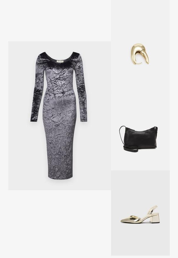 Žametna obleka z dolgimi rokavi temno sive barve, prilagojenega kroja s nagubano teksturo, z okroglo izreza in dolžino do kolen.; Zlati, kovinski slingback čeveljci z ostrim nosom in masivnim peto. Gladka tekstura, minimalistična zasnova in ozka zanka.; Črna usnjena torba čez ramo z gladko teksturo, ukrivljeno obliko, nastavljivim trakom in zadrgo. Minimalističen dizajn brez okrasnih detajlov.; Uhane nakit iz zlatastega tona z gladko, ukrivljeno zasnovo. Ima edinstveno koničasto obliko, polirano površino in zaponko s tečajem.