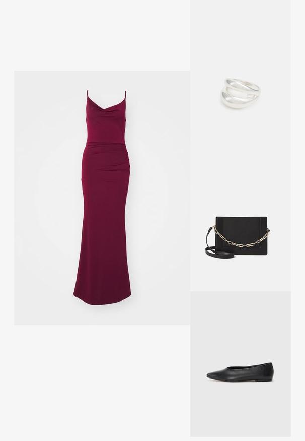Bordová maxi šaty s krčkovým výstrihom, tenkými ramienkami, priliehavým telom a drapériou na bedrách pre štíhlu siluetu.; Čierne kožené baletky, špicatý špička, minimalistický dizajn, hladká textúra, nízky podpätok, bez viditeľných prvkov alebo ozdôb.; Čierna kožená crossbody taška s hladkou textúrou, obdĺžnikovým tvarom a kovovým reťazovým detailom na prednej strane. Súčasťou je nastaviteľný popruh.; Strieborný prsteň s dvojitým pásikom s hladkým, lesklým povrchom. Má plynulý, zakrivený dizajn s prekryvajúcimi sa časťami pre moderný vzhľad.