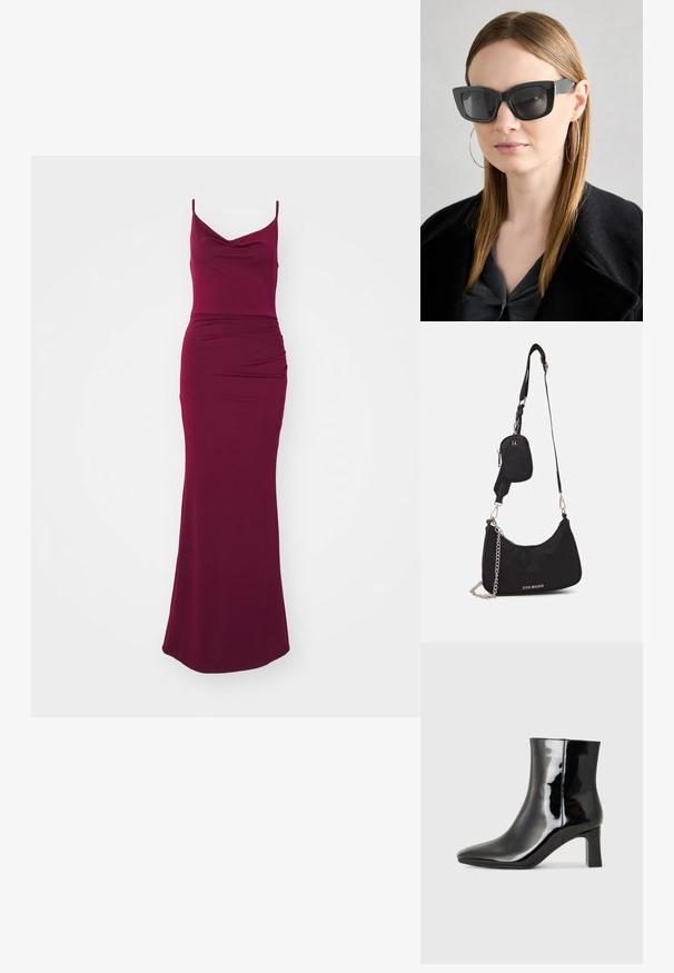 Burgundská maxi šaty s klenutým výstřihem, tenkými ramínky, formovaným korzetem a splývavým detailem na bocích pro elegantní siluetu.; Černé lakované kotníkové boty s špičatou špičkou a středně vysokým blokovým podpatkem. Hladká textura a minimalistický design.; Černé sluneční brýle ve stylu kočičího oka s tmavými skly, silnými rámy a jemnými detaily. Nosené s černým kabátem a šedým topem, s dlouhými rovnými vlasy.; Černá nylonová kabelka přes rameno s obvyklým tvarem, stříbrným řetízkem, oddělitelnou mini taškou a nastavitelým popruhem; obsahuje logo "Steve Madden".
