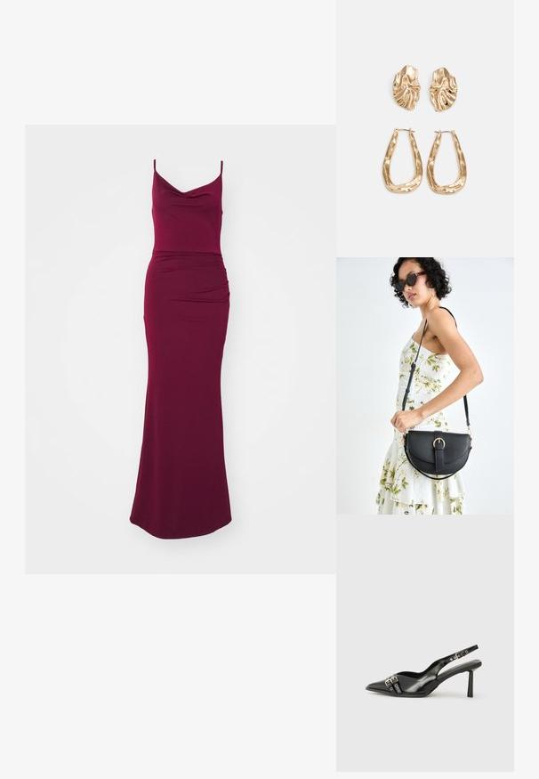 Burgundia színű maxi ruha, csepp alakú nyakkal, vékony pántokkal, testhez álló felső résszel és az csípőnél drapírozott részletekkel, amelyek áramvonalas sziluettet kölcsönöznek.; Fekete lakk bőr, hegyes orrú slingback cipő, boka pántokkal, ezüst csatokkal és hardverelemekkel, valamint karcsú sarkú.; Fekete bőrtáska ívelt formával, levehető pánttal és arany színű fémrészekkel. A táskán egy csattal díszített fedél található.; Aranyszínű fülbevalók, texturált, hullámos formákkal. Tartalmazza a szobrászati klipszes studokat és az open hoop kialakítást, kalapácsos felülettel.