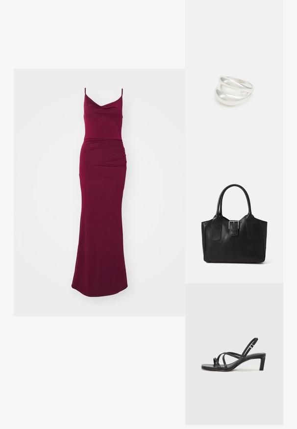 Burgundia maksikleit, millel on koonuskaelus, õhukesed rihmad, sobiv kehaosa ja drapeeringu detailid puusa piirkonnas, et luua voolujooneline siluett.; Mustast rihmajalatsid ruudukujulise varba ja madala ploki kontsaga. Omab mitmeid õhukesi rihmasid ja reguleeritavat pahkluu rihma. Valmistatud siledast nahast.; Mustgamma nahast kott, millel on sile tekstuur, struktureeritud kuju, kaks käepidet ja esiküljel silmapaistev hõbedane pandla detail.; Hõbedane kahekordne rõngas sujuva, poleeritud pinnaga. Omab voolavat, kõverat disaini, millel on kattuvad sektsioonid, et saavutada kaasaegne ilme.