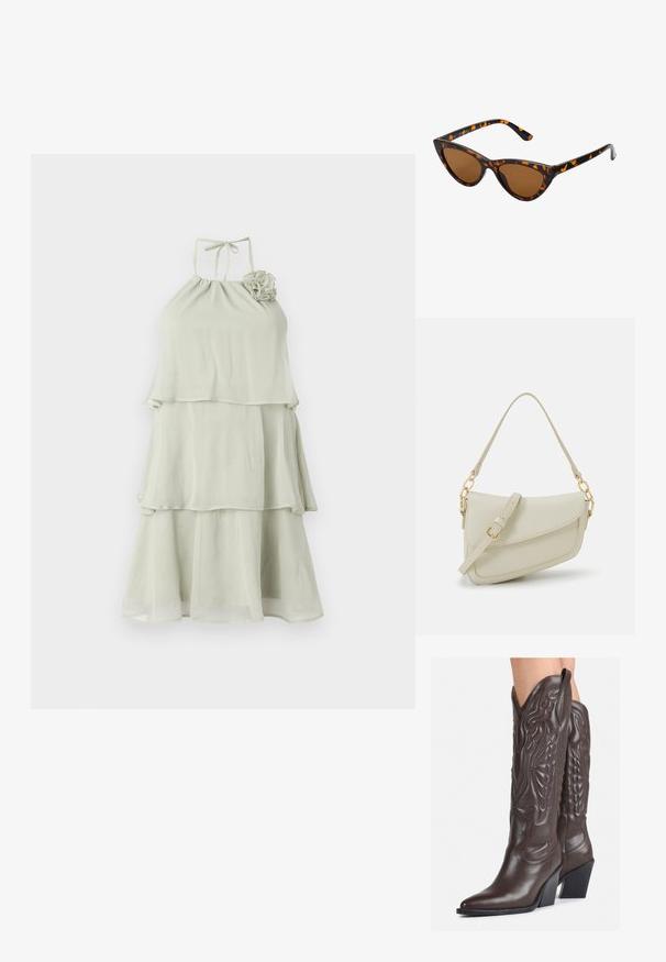 Lys grønn halterneck kjole med lagdelt design, med en samlet halslinning og blomst detalj på venstre skulder.; Brune skinncowboystøvler med spiss tå og blokkhelt, med detaljerte sømmer og hevede detaljer på skaftet.; Kattøye solbriller med en svart og oransje skjellramme, brune linser og elegante, spisse tupper. Har en minimalistisk logo på stangen.; Liten kremfarget håndveske med teksturert overflate, lang justerbar stropp, kjedeakenter og klaffelukking. Detaljer i gullfarge.