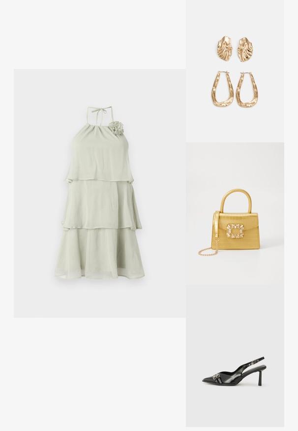 Svetlo zelena halter obleka s tiered, večplastnim dizajnom, ki ima zgoščen dekolte in cvetlični detajl na levem rami.; Črne patentne usnjene sandale s koničastim nosom, zankami okoli gležnja s srebrnimi sponkami in opremo ter vitkimi petami.; Rumeno usnjeno-usnje z vzorcem krokodila, s strukturiranim dizajnom, zgornjo ročajem, snemljivo verižico in dekorativnim kristalnim okrasjem na zaponki.; Zlato obarvani uhani z teksturiranimi, valovitimi oblikami. Vključujejo skulpturalne sponke za ušesa in odprto obliko obročka s kladivastim finišem.