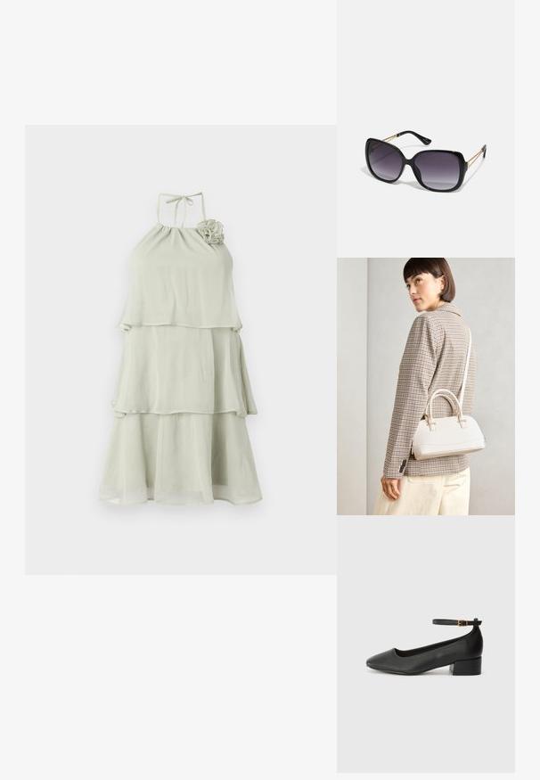 Svetlo zelena halter obleka s tiered, večplastnim dizajnom, ki ima zgoščen dekolte in cvetlični detajl na levem rami.; Črne usnjene pumpice z nazobčanimi prsti in nizko blokasto peto. Imajo trak okoli gležnja z zaponko v zlatem tonu. Gladka tekstura.; Črne prevelike sončne očala z degradacijskimi lečami, debelimi okvirji in zlatimi verižicami na ročajih.; Bela strukturirana torba z kratkimi ročaji in naramnim trakom, z zlatimi okrasnimi elementi in teksturiranim materialom, prikazana na sivi podlagi.