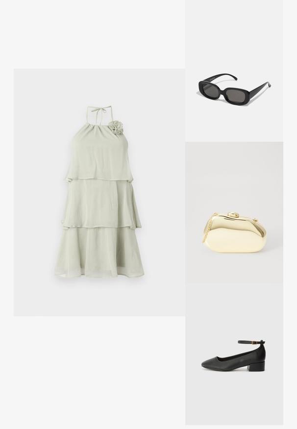 Rochie halter verde deschis cu un design stratificat, cu volane, având un guler plisat și un detaliu floral pe umărul stâng.; Pantof cu toc negru din piele, cu vârf ascuțit și toc mic pătrat. Dispune de o curea la gleznă cu o cataramă în tonuri de aur. Textură netedă.; Ochelari de soare dreptunghiulari negri cu lentile întunecate. Ramă groasă din plastic, textură netedă și colțuri rotunjite. Temele elegante se extind în exterior.; Clutch metalizat de culoare aurie, cu o formă netedă și rotundă, având un închizător tip buton în partea de sus și o curea mică pentru purtare.