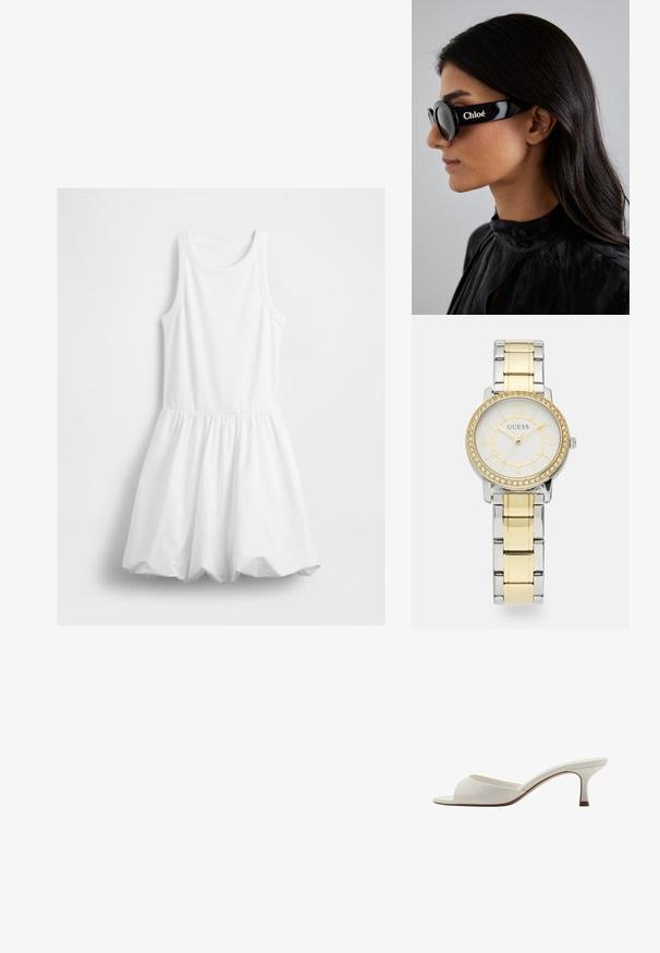 Rochie albă fără mâneci, cu corp din tricot cu dungi, decolteu rotund și fustă tip bulă pliată, atârnând pe un fundal alb.; Mule-uri albe cu vârf deschis, cu toc înalt, cu un finisaj neted, design minimalist și un toc subțire, având un accent subtil de culoare maroniu pe talpă.; Ochelari de soare negri cu lentile rotunde și rame îndrăznețe, unghiulare, având marca "Chloé" în alb pe lateral. Finisaj neted și lucios.; Ceas rotund din oțel inoxidabil cu brățară din linkuri metalice argintii și aurii. Dialul alb are accente aurii și un bezel încrustat cu cristale.