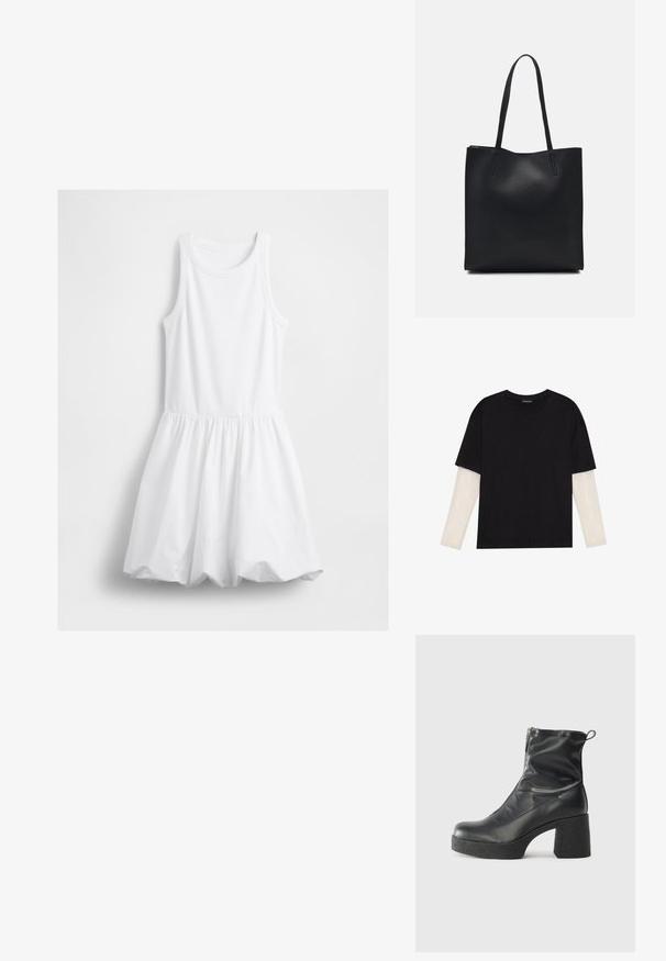 Vestido blanco sin mangas con cuerpo de punto acanalado, escote redondo y falda tipo globo con pliegues, colgando sobre un fondo blanco.; Camiseta negra de algodón, con mangas cortas sobre una capa blanca de manga larga con un patrón texturizado sutil. Diseño de escote redondeado.; Botines negros de tobillo, hechos de cuero suave, con cierre lateral, tacón grueso texturizado y diseño de punta redondeada.; Bolso tote de cuero negro con textura lisa, forma rectangular y dos asas largas. Sin herrajes ni adornos visibles.