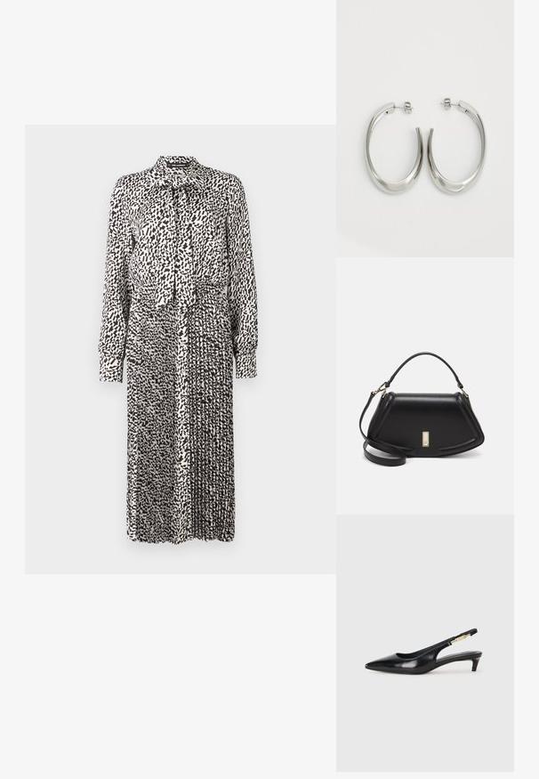 Black and white patterned dress with a collar, long sleeves, tie detail at neck, and pleated skirt, made from lightweight fabric.; Black leather slingback heels with a pointed toe, featuring a slim heel and a gold-tone accent on the adjustable strap. Smooth texture.; Black leather handbag with a structured design, featuring a cropped shape, top handle, and gold hardware accent. Adjustable shoulder strap included.; Silver hoop earrings with a smooth, curved design. Features a shiny metallic finish and stud closure. No visible patterns or accents.