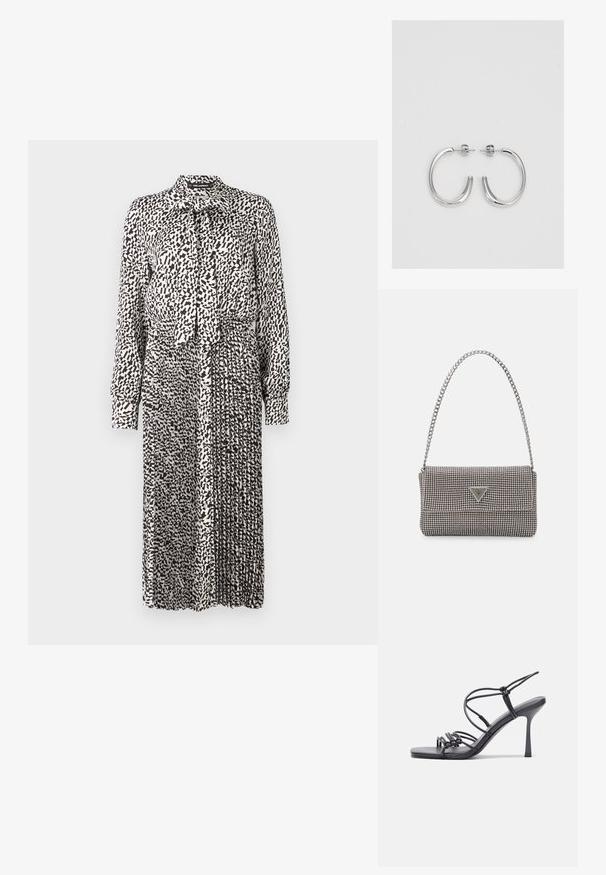 Vestido preto e branco com padrão, gola, mangas longas, detalhe de laço no pescoço e saia plissada, feito de tecido leve.; As sandálias de salto alto pretas apresentam tiras finas com um design em nó, uma biqueira quadrada lisa e um elegante salto agulha.; Bolsa metálica cinza claro com uma alça de corrente, adornada com pequenos rebites metálicos circulares e um logótipo triangular da marca.; Brincos de argola prateados com um acabamento suave e brilhante. Forma arredondada, design leve, com fecho de pino.