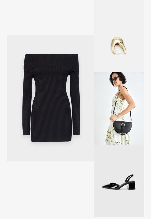 Csíkos, fekete, váll nélküli ruha hosszú ujjakkal. Szoros szabás, combközép hossz, rugalmas anyagból készült. Simább textúrájú.; Fekete lakk bőr szandálkés magas sarkú cipő, hegyes orral és geometrikus tömbsarkakkal. Karcsú, minimalista dizájn és sima textúra jellemzi.; Fekete bőrtáska ívelt formával, levehető pánttal és arany színű fémrészekkel. A táskán egy csattal díszített fedél található.; Aranyszínű fém fülbevaló, elegáns, ívelt formával. Különleges hegyes alak, fényes felszín és zsanéros záródás jellemzi.