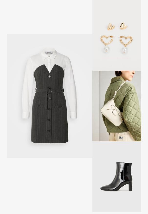 Szürke csíkos ruha fehér galléros ing felsőrésszel, V-alakú dekoltázzsal, elől gombokkal és övvel a deréknál. Két oldalsó zseb is található benne.; Fekete lakk bőrcipő bokáig érő, hegyes orral és közepes magasságú tömbsarokkal. Simább textúrával és minimalista dizájnnal rendelkezik.; Beige színű bőr keresztpántos táska masni részlettel, arany színű fém kiegészítőkkel és egy állítható pánttal, zöld steppelt dzsekin viselve.; Arany színű, szív alakú fülbevalók textúrált felülettel, lógó gyöngy díszítéssel. Tartalmazza a hozzá illő szív alakú bedugós fülbevalókat.