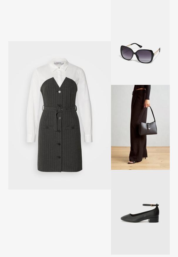 Sivý prúžkovaný šaty s bielou košeľovou hornou časťou, v tvare písmena V, prednými gombíkmi a opásaným pásom. Obsahuje bočné vrecká.; Čierne kožené lodičky s špicatou špičkou a nízkym blokovým podpätkom. Obsahuje remienok okolo členka so zlatým prackou. Hladký povrch.; Čierne oversized slnečné okuliare s gradientovými sklíčkami, hrubými rámami a zlatým retiazkovým detailom na stranách.; Čierna kabelka so štruktúrovaným tvarom, hladkou textúrou a kovovou sponou. V kombinácii so širokými čiernymi nohavicami a sandálmi s otvorenou špičkou na drevenej podlahe.