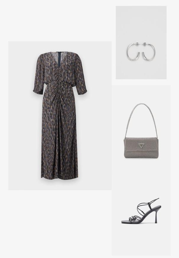 Vestido maxi en tonos oscuros con un patrón abstracto, hecho de tela ligera. Presenta un escote en V, detalles fruncidos y mangas de longitud media.; Las sandalias negras de tacón alto presentan finas correas con un diseño anudado, una punta cuadrada suave y un elegante tacón de aguja.; Bolso de mano metálico gris claro con una cadena como asa, adornado con pequeños remaches metálicos circulares y un logotipo de marca en forma triangular.; Aros de plata en forma de aro con un acabado liso y brillante. Diseño redondeado y ligero, con cierre de tipo post-back.