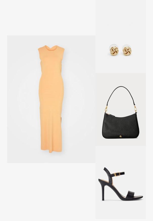 Maksimekko, joka istuu hyvin, olkaimeton ja pehmeä oranssinvärinen neulospuku. Siinä on hienovarainen ristikkäinaukko ja sivuhalkiot liikkumisen helpottamiseksi.; Mustat korkokengät, joissa on sileä nahkapinta, avoin kärki ja yksinkertainen hihnadesigni kultabucklella.; Musta nahkainen käsilaukku, jossa on jämäkkä muotoilu, vetoketjusuljenta, irrotettava olkahihna ja kultaiset yksityiskohdat.; Kultaketjut korvakorut, joissa on kierretystä muotoilusta valmistettu solmu. Jokaisessa korvassa on pyöreä, kirkas tausta varman käyttömukavuuden takaamiseksi.