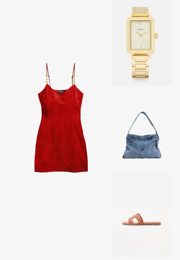 Rotes ärmelloses Kleid mit V-Ausschnitt, strukturiertem Stoff und dekorativen Holzperlen an den Trägern. Figurbetontes Design mit minimaler Länge.; Braune Leder-Slipper mit offenem Zehendesign, breitem Riemen mit Ausschnittdetails, flacher Sohle und glatter Textur.; Denim Schultertasche mit einem gebogenen Tragegurt, zwei Vordertaschen und einem geknöpften Oberteil, ausgestattet mit hellblauem Stoff und kontrastierenden Steppnähten.; Goldfarbene rechteckige Armbanduhr mit minimalistischem Design, ausgestattet mit einem cremfarbenen Zifferblatt, goldenen Zeigern und einem Gliederarmband aus Metall. Die Markierungen umfassen den Markennamen.