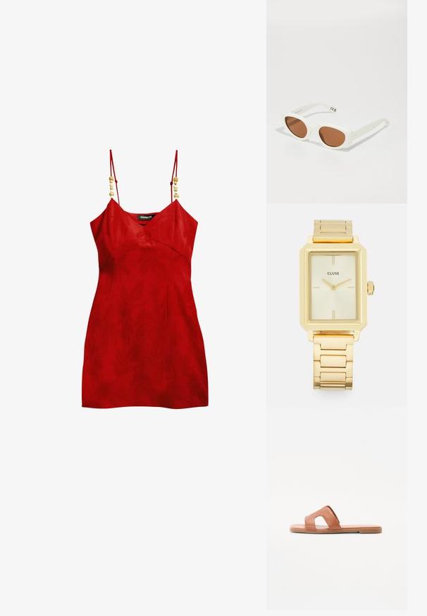 Vestido rojo sin mangas con escote en V, tejido texturizado y cuentas de madera decorativas en los tirantes. Diseño ajustado con una longitud mínima.; Sandalia deslizante de cuero marrón que presenta un diseño de punta abierta, una correa ancha con detalles troquelados, suela plana y textura suave.; Gafas de sol ovaladas blancas con lentes marrones, con un acabado mate y patillas rectas. Los detalles notables incluyen la marca en la patilla.; Reloj de pulsera rectangular dorado con un diseño minimalista, que presenta una esfera color crema, manecillas doradas y una pulsera de eslabones metálicos. Las marcas incluyen el nombre de la marca.