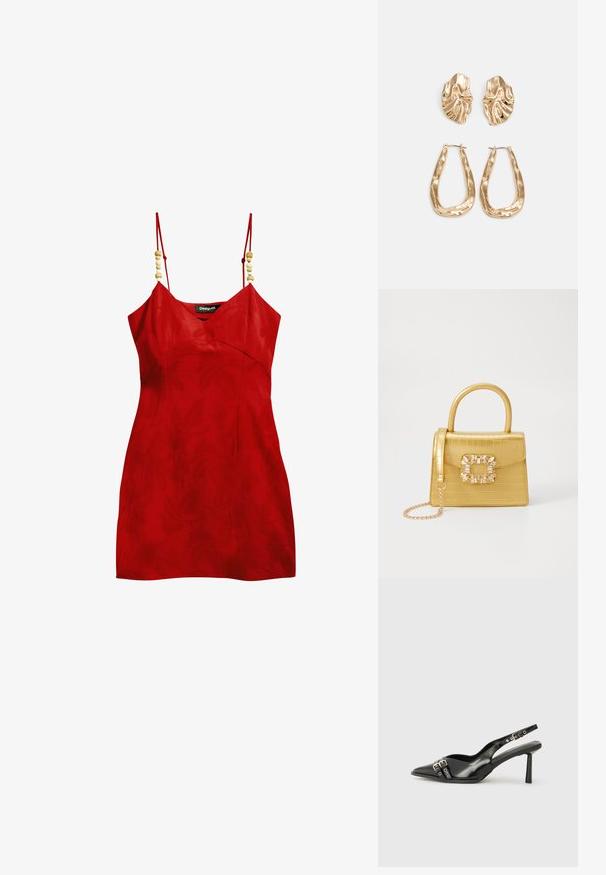 Piros ujjatlan ruha V kivágással, textúrált anyagból, díszítő fa gyöngyökkel a pántokon. Feszes fazon, minimális hosszúsággal.; Fekete lakk bőr, hegyes orrú slingback cipő, boka pántokkal, ezüst csatokkal és hardverelemekkel, valamint karcsú sarkú.; Sárga műbőr krokodil mintás kézitáska strukturált kialakítással, felső fogantyúval, leválasztható lánccal és díszes kristály díszítéssel a záron.; Aranyszínű fülbevalók, texturált, hullámos formákkal. Tartalmazza a szobrászati klipszes studokat és az open hoop kialakítást, kalapácsos felülettel.