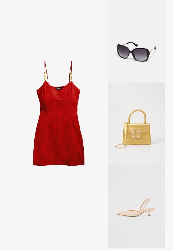 Punainen hihaton mekko, jossa on V-pääntie, teksturoitu kangas ja koristeelliset puuhelmet olkaimissa. Farkkomainen malli, jossa on minimaalinen pituus.; Beige patenttanssisen nahasta valmistetut slingback-korkokengät, joissa on terävä kärki ja kapea, neliömäinen korko. Saumatonta pinta ja minimalistinen muotoilu ilman koristeita.; Mustat ylisuurten kehysten aurinkolasit, joissa on liukuväri-linssit, paksut kehykset ja kultasävyiset ketjustuskoristeet temppeleissä.; Keltainen keinonahkainen krokotiililaukku, jossa on jämäkkä muotoilu, yläkahva, irrotettava ketjusanka ja koristeellinen kristallikoristelu lukossa.