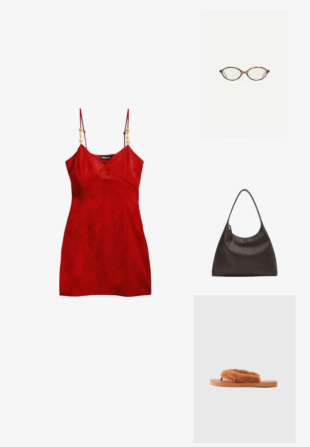 Röd ärmlös klänning med V-ringning, texturerad tyg och dekorativa träperlor på axelbanden. Figursydd design med minimal längd.; Bruna fluffiga flip-flops med breda remmar och texturerad sula. Har en guldfärgad logotyp-accent. Sula är platt och tillverkad av gummi.; Sköldpaddsmönstrade glasögon med ovala linser och en elegant, slät yta. Har tunna sidor med en subtil kurva vid tinningarna. Klara linser.; Vävd handväska i mörkbrunt läder med ett böjt, brett rem och en slät yta. Har dragkedjestängning och en rymlig, strukturerad form.
