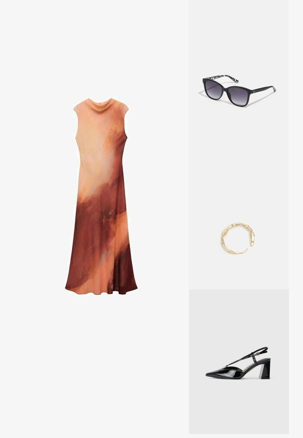 Maxi šaty v kombinácii teplých broskyňových a hrdzavých farieb. Bezramienkový strih s drapériou na výstrihu a splývavou látkou, ktorá vytvára hladký siluetu.; Čierne patent leather sandále na vysokých opätkoch s ostrou špičkou, nastaviteľným popruhom a robustným obdĺžnikovým opätkom.; Čierne slnečné okuliare s gradientnými sklami, štvorcového tvaru a štruktúrovaným čierno-bielym vzorom na straniciach. Obsahujú strieborný akcent loga.; Prsteň v zlatej farbe s organickým, skrúteným dizajnom, hladkým povrchom a zužujúcimi sa koncami, vytvárajúci moderný, sochársky vzhľad.
