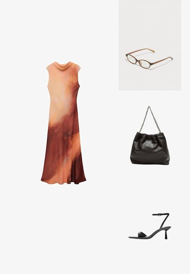 Maxi sukienka w odcieniach ciepłego brzoskwini i rdzy. Bezrękawowy fason z opadającym dekoltem i lekkim materiałem, tworzącym gładką sylwetkę.; Bershka - Sandały na obcasie; Brązowe okulary w motyle z owalnymi soczewkami, cienkimi ramionami i przezroczystymi akcentami. Posiadają subtelne logo na zauszniku. Smukły, lekki design.; Brązowa skórzana torba z marszczonym szczytem i łańcuszkowym paskiem. Gładka tekstura z błyszczącym wykończeniem i subtelnymi detalami szwów po bokach.