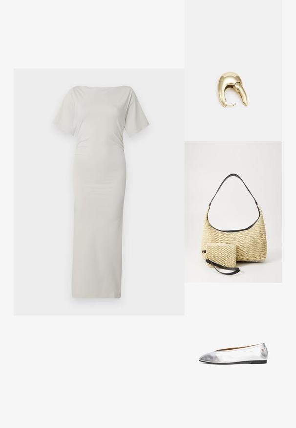 Sukienka bodycon z lekkiego, gładkiego, kremowego materiału. Posiada dekolt łódki i krótkie rękawy. Długa, dopasowana sylwetka bez wzorów.; Srebrne metaliczne baletki z zaokrąglonym noskiem, gładką teksturą, niskim profilem i czarną gumową podeszwą. Mały akcent z logo blisko pięty.; Woven straw handbag o zaokrąglonym kształcie, z gładkim czarnym skórzanym paskiem oraz dopasowaną małą sakiewką przypiętą na pasku na nadgarstek.; Złote metalowe kolczyki o eleganckim, zakrzywionym kształcie. Posiadają charakterystyczny szpiczasty kształt, polerowaną powierzchnię oraz zapięcie na zawias.