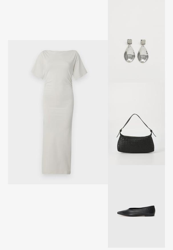 Bodycon-mekko kevyestä, sileästä, kermavärisestä kankaasta. Varustettu venepääntie ja lyhyet hihat. Pitkä, tiukka siluetti ilman kuvioita.; Musta nahkainen ballerinatyyppinen kenkä, terävä kärki, minimalinen muotoilu, sileä pinta, matala korko, ei näkyvää metalliosaa tai koristeita.; Mustan kudotun olkalaukun, jossa on sileä nahkahihna ja vetoketjukiinnitys. Mahdollistaa teksturoituneen pinnan ja kaarevan muodon.; Hopeakoru drop -korvakorut, joissa on neliömuotoinen nappi, sileällä, kiillotetulla pinnalla ja pisaran muotoisella designilla, heijastavat valoa kiiltävän pinnan kautta.